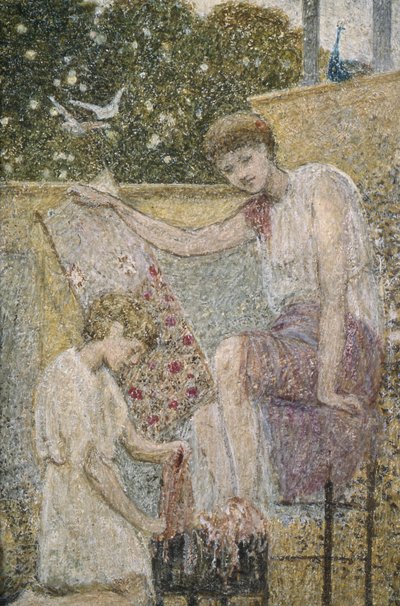 Ragazza che tiene un ricamo. Uno dei tre schizzi per la decorazione di Bank Hall, vicino a Chapel-on-le-Frith, Derbyshire da Thomas Armstrong